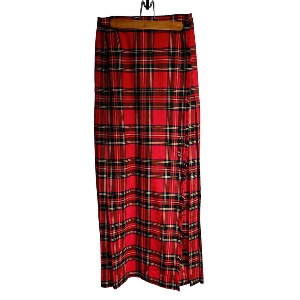 UK Vintage St Michael 10 Skirt Red Black Plaid Wrap Kilt Wool Long Tall Modest